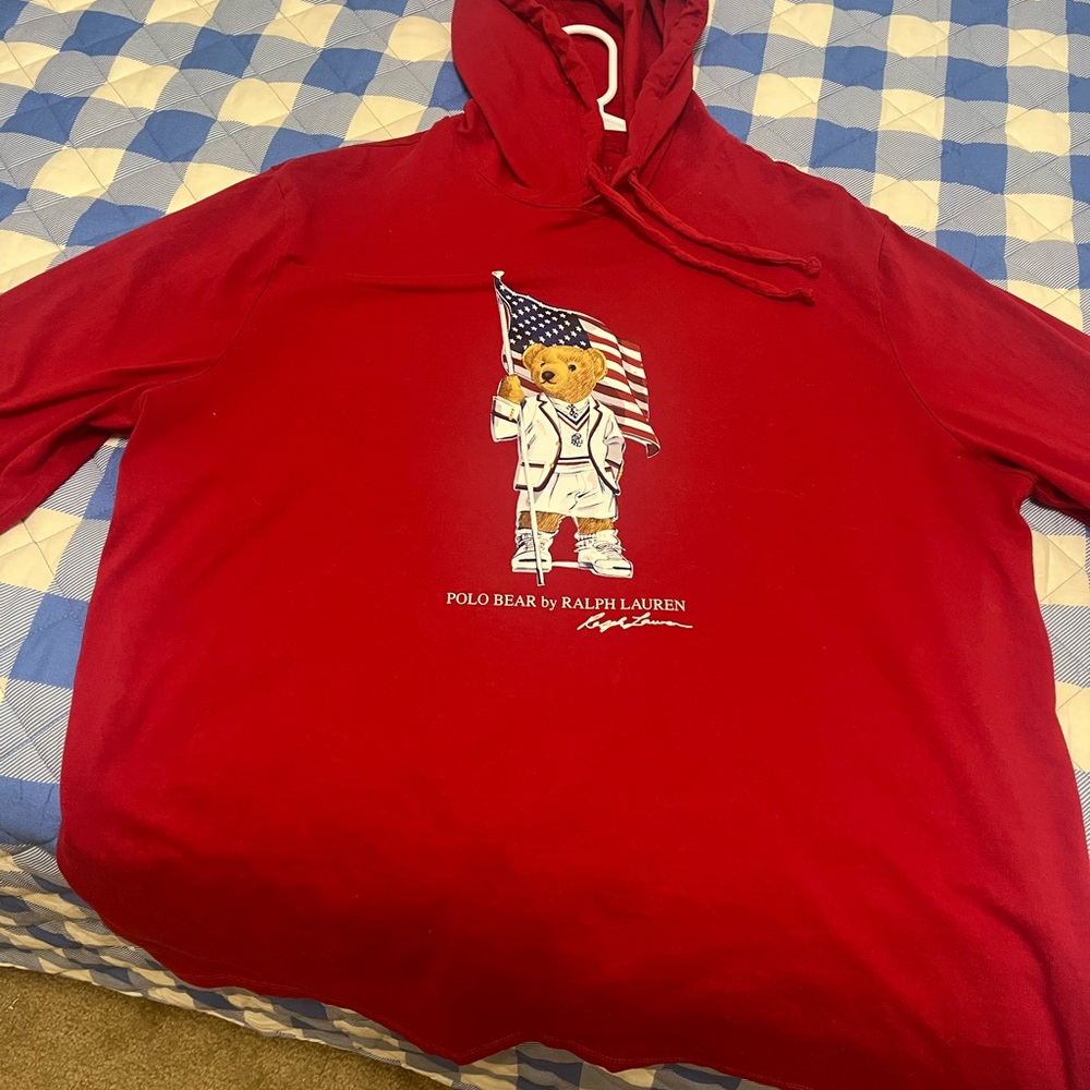 Ralph Lauren Red Hoodie with Flag-Bearing Polo Bear
